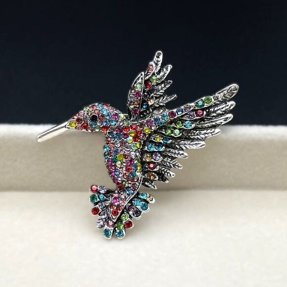 Silver with Multicolored Crystal Flying Hummingbird Pin Back Brooch - Picture 3 of 7